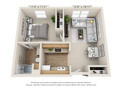 Floor plan for 1 bed, 1 bath, 661 sqft